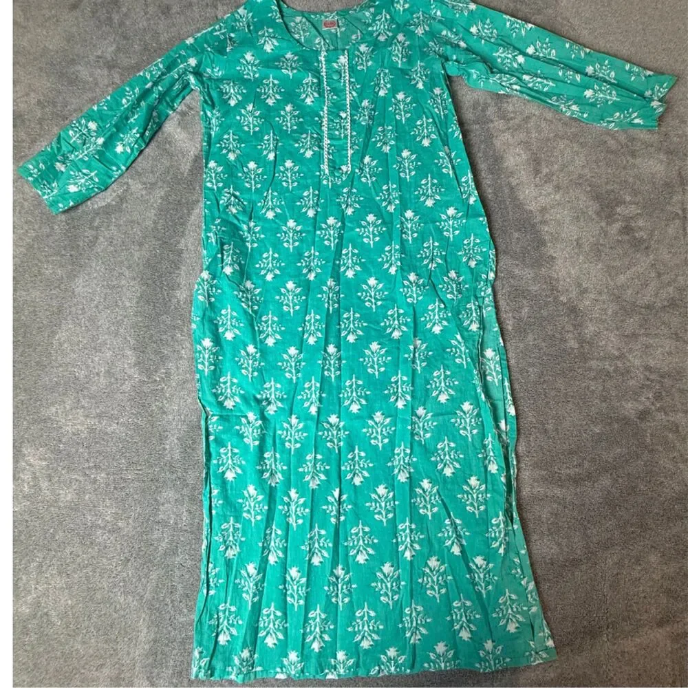 GM Teal White Floral Block Print Cotton Midi Kurta Dress 3/4 Sleeve Women's S